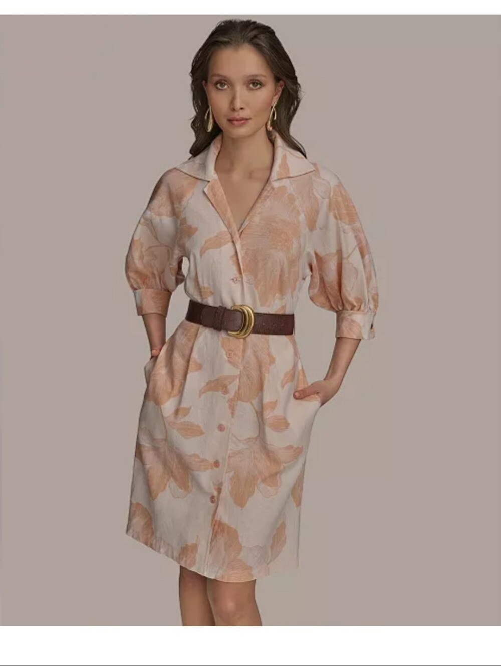 NWT Donna Karan New York Linen Blend Floral Shirt Dress Midi Siz 10 $199 No Belt - Picture 1 of 11